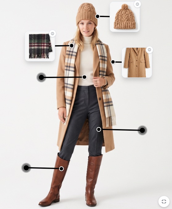A shoppable lookbook photo: a model in a camel coat, with tap-to-shop callouts pinned to the beanie, scarf, coat, trousers and boots.