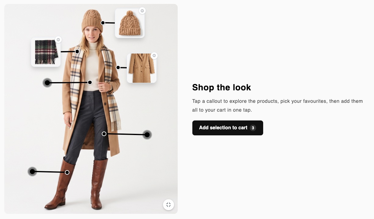 The DripFit shop-the-look view: a model in a camel coat with tap-to-shop callouts on the beanie, scarf, coat, trousers and boots, beside an 'Add selection to cart' panel showing 3 items.