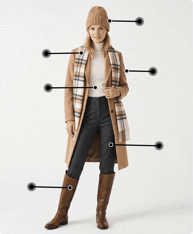 A shoppable lookbook: a model in a camel coat, with tap-to-shop callouts pinned to the beanie, scarf, coat, trousers and boots animating into view.