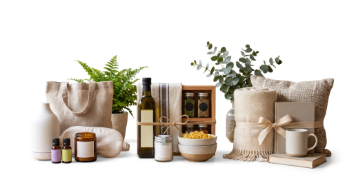 A gift bundle photographed as separate items on white: a canvas tote, a potted fern, a bottle of olive oil, jarred spices in a wooden rack, candles, essential oils, a bowl of pasta, eucalyptus in a vase, a blanket tied with ribbon, a gift box and a mug.